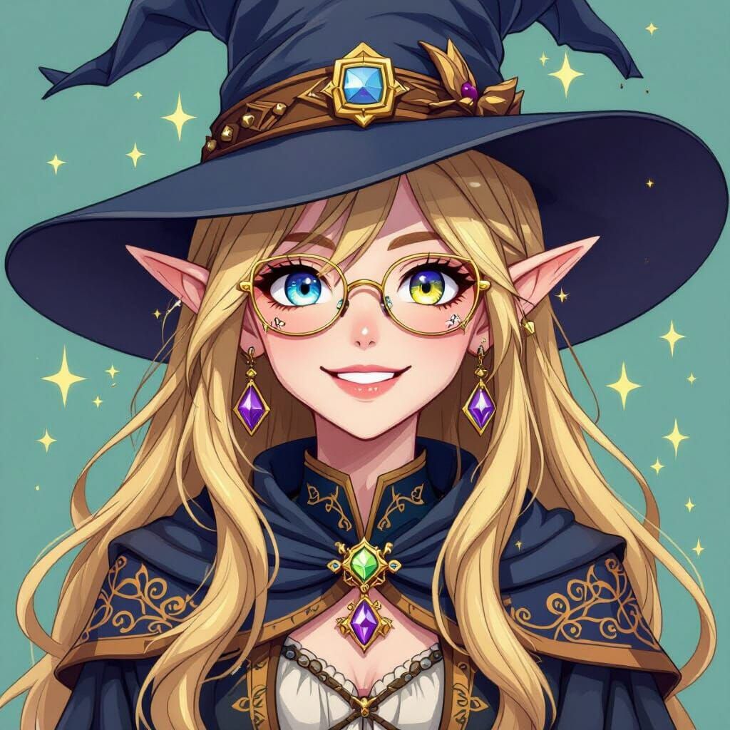 Anime Elf Wizard with Detailed Hat and Grin