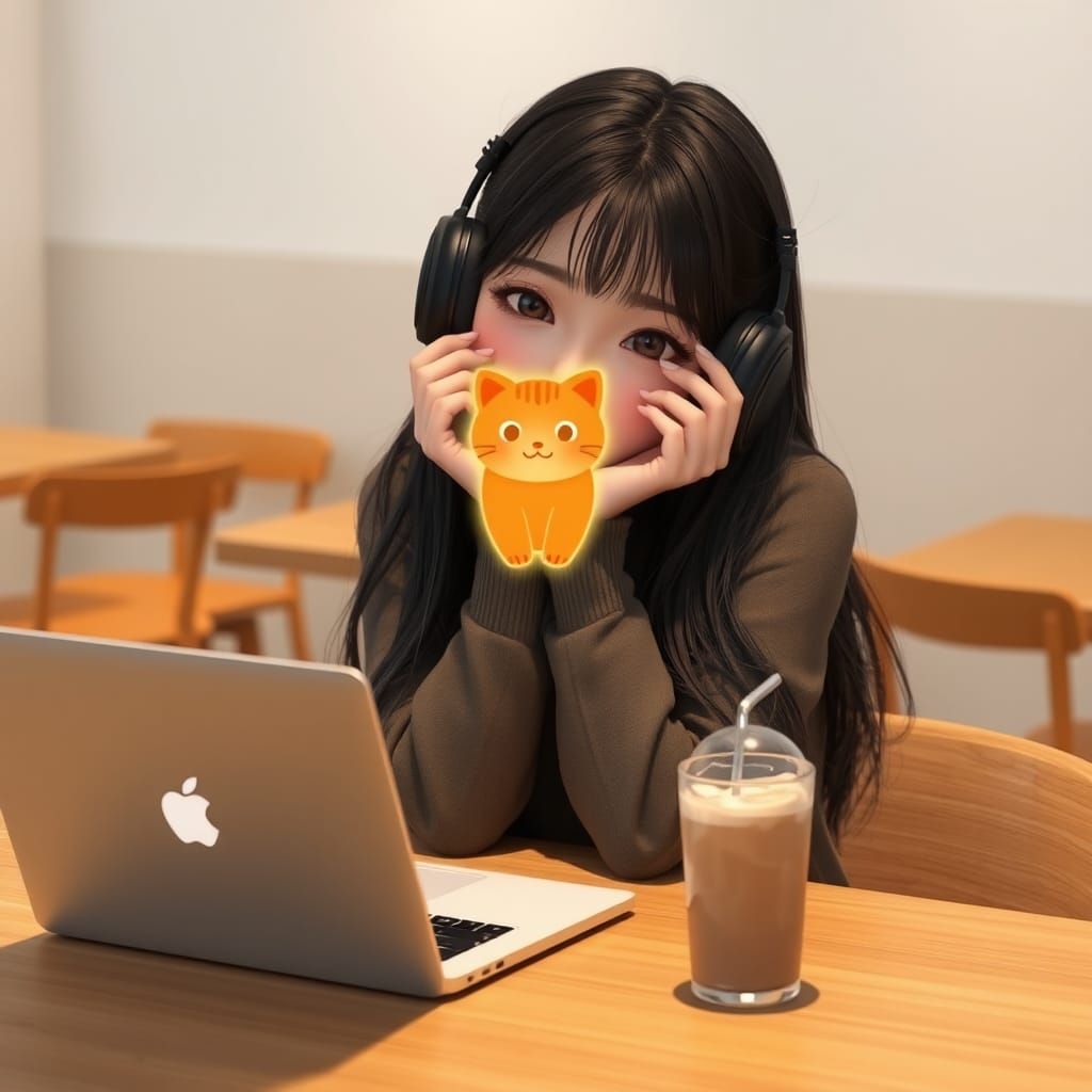 Anime Style: Girl with Holographic Cat in Café