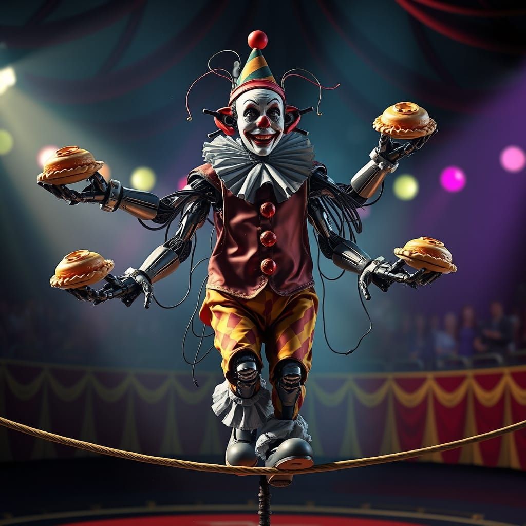 Hyperrealistic Robot Clown Performs Tightrope Act in a Vibra...
