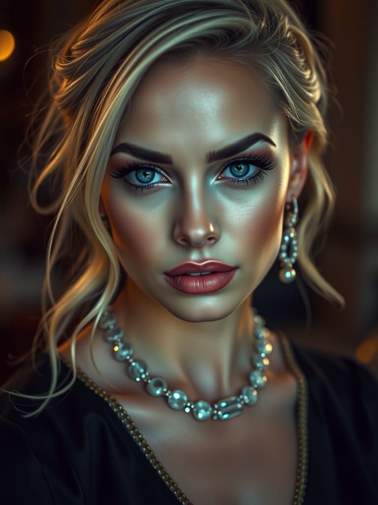 Glamorous Blonde Woman with Blue Eyes: Hyperrealistic Portra...