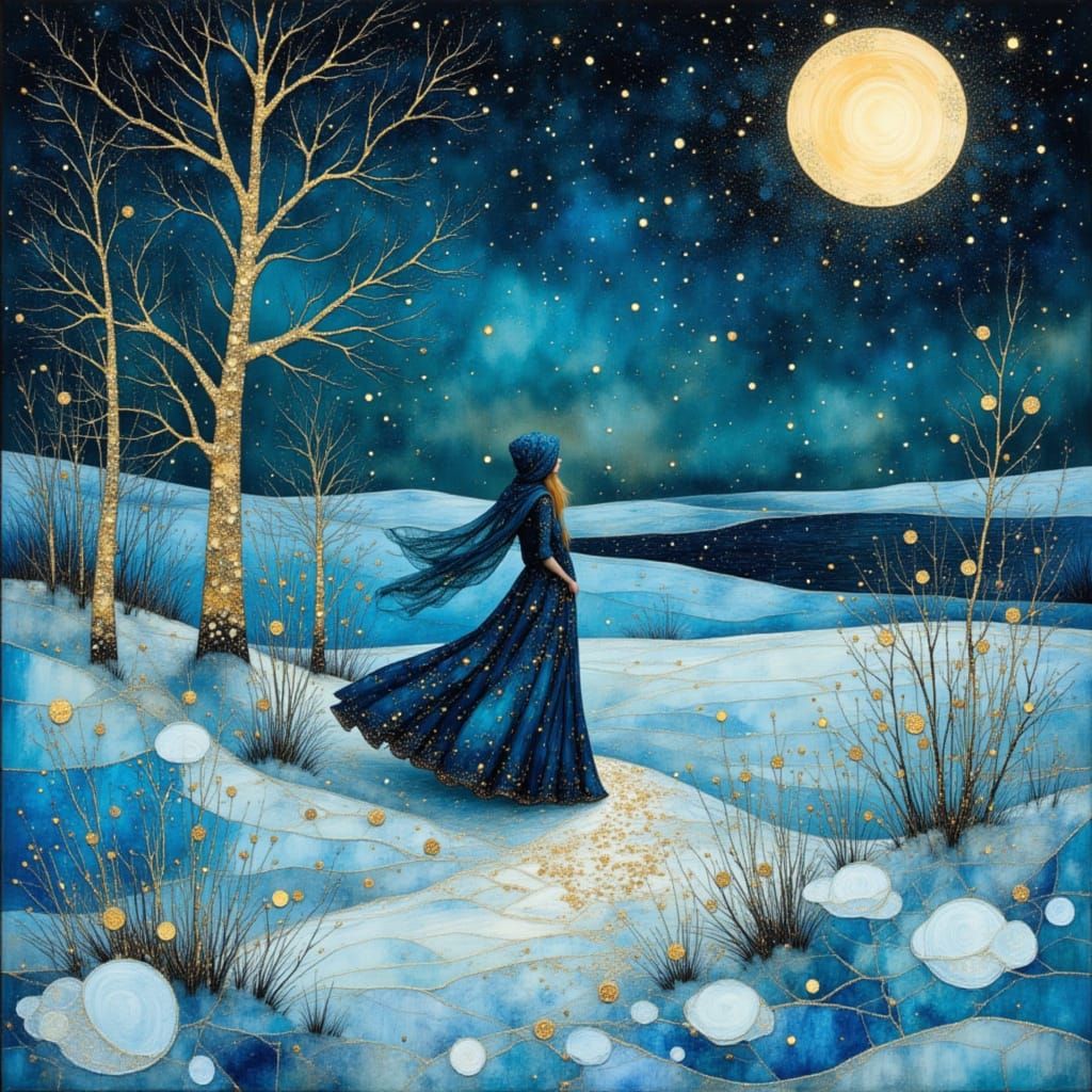 Woman on Arctic Tundra in Stained Glass Style