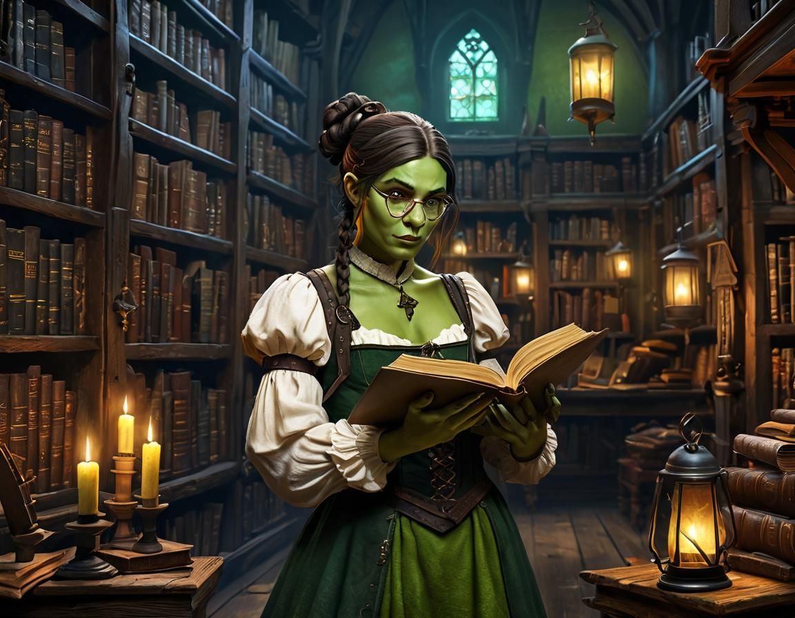 Female Orc Librarian in a Medieval Library