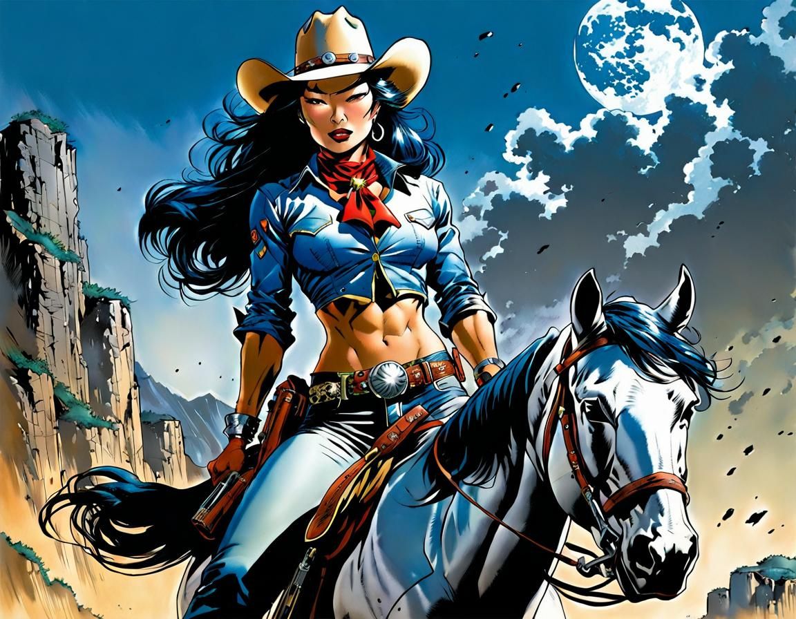 Dynamic Japanese Cowgirl in Comic Book Style