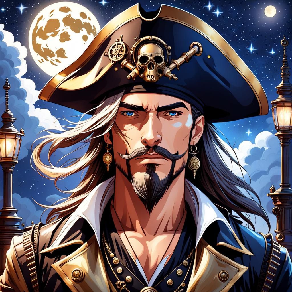 Steampunk Pirate Under Starry Night Sky