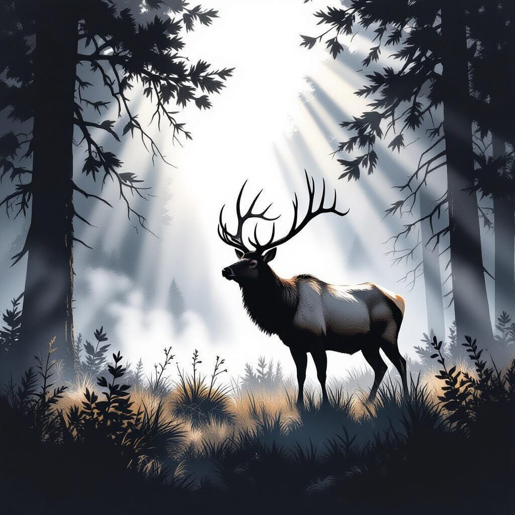 Majestic Elk in Misty Forest Clearing as Ink Drawing