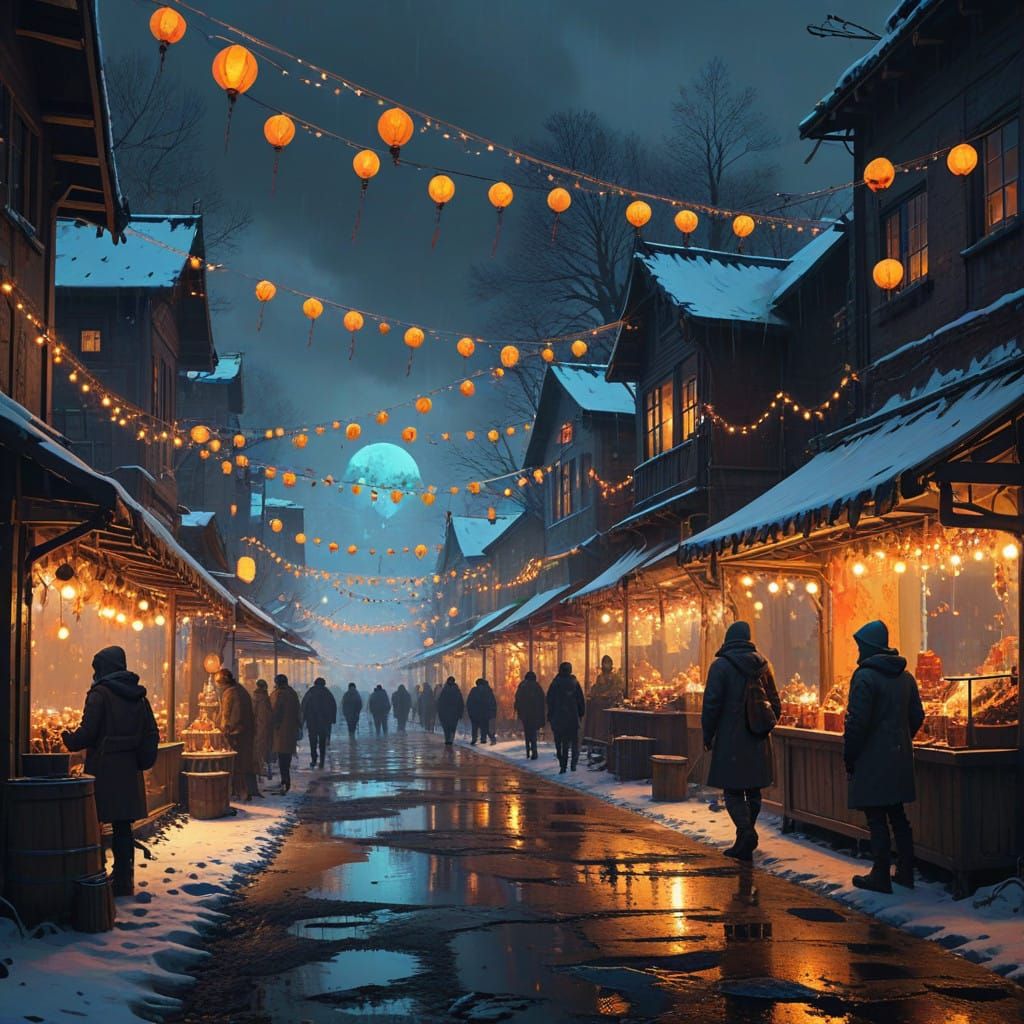 Winter Wonderland Market Scene in Vibrant Street Art Style