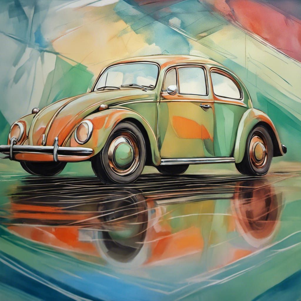 Pencil Art: Volkswagen Beetle with Girl, Rich Colors