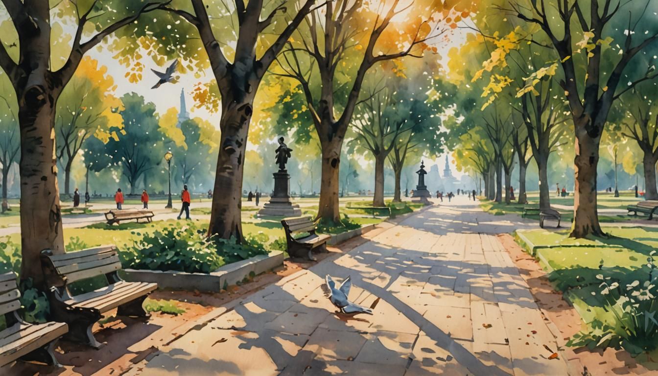 Soviet-Era Monument in Urban Park, Watercolor Impressionism