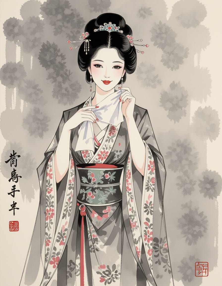Elegant Queen in Chinese Ink Wash Style