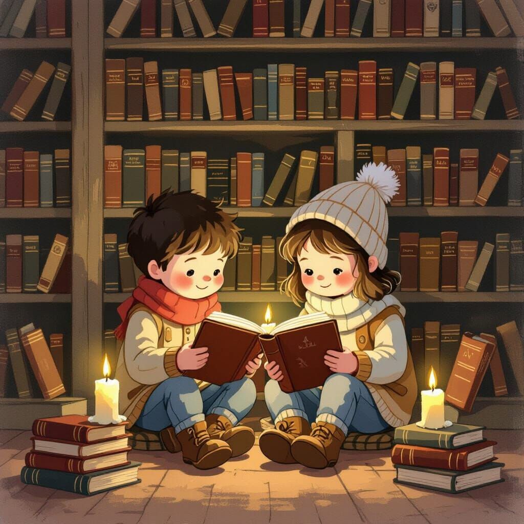 Children Reading in a Retro Cartoon Bookstore