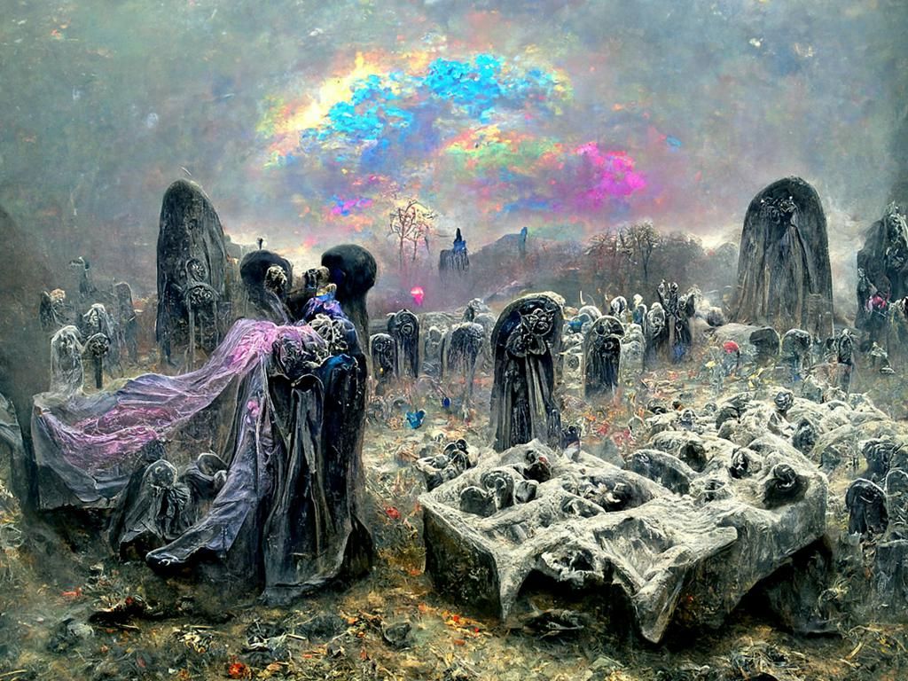 Angels Dancing in Graveyard, Gothic Engraving Style