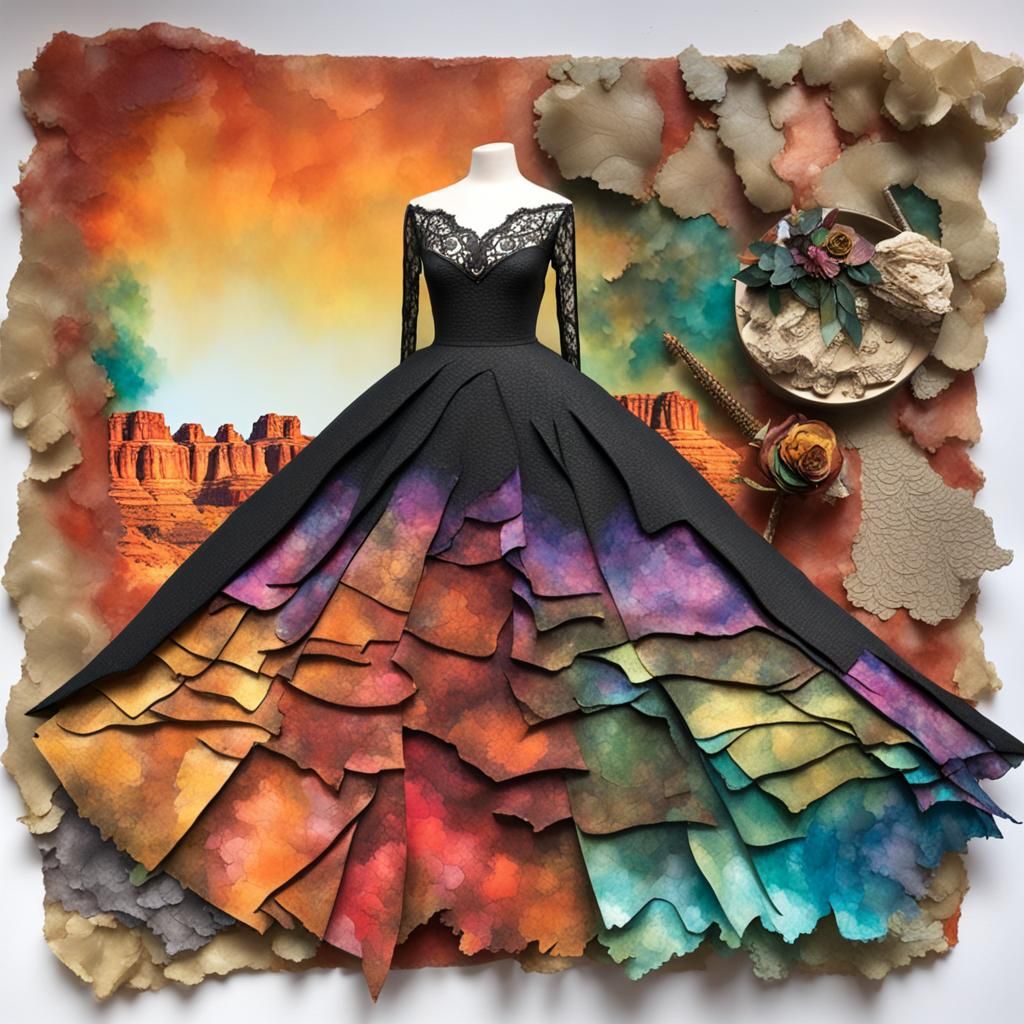 Paper Collage Ballgown, Long Sleeved Lace Bodice, Vivid Alcohol Ink Layered Paper Skirt, Burnt Edge Ripped, Alexander Mc...