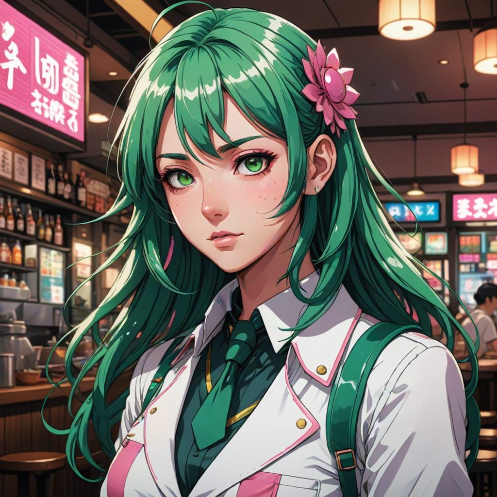 Girl with Vibrant Hair and Peacock Eyes in a Restaurant Scen...