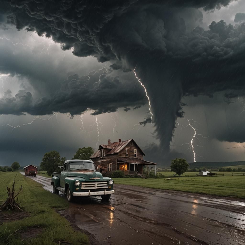 Tornado Approaching Farmhouse in Stormy Landscape