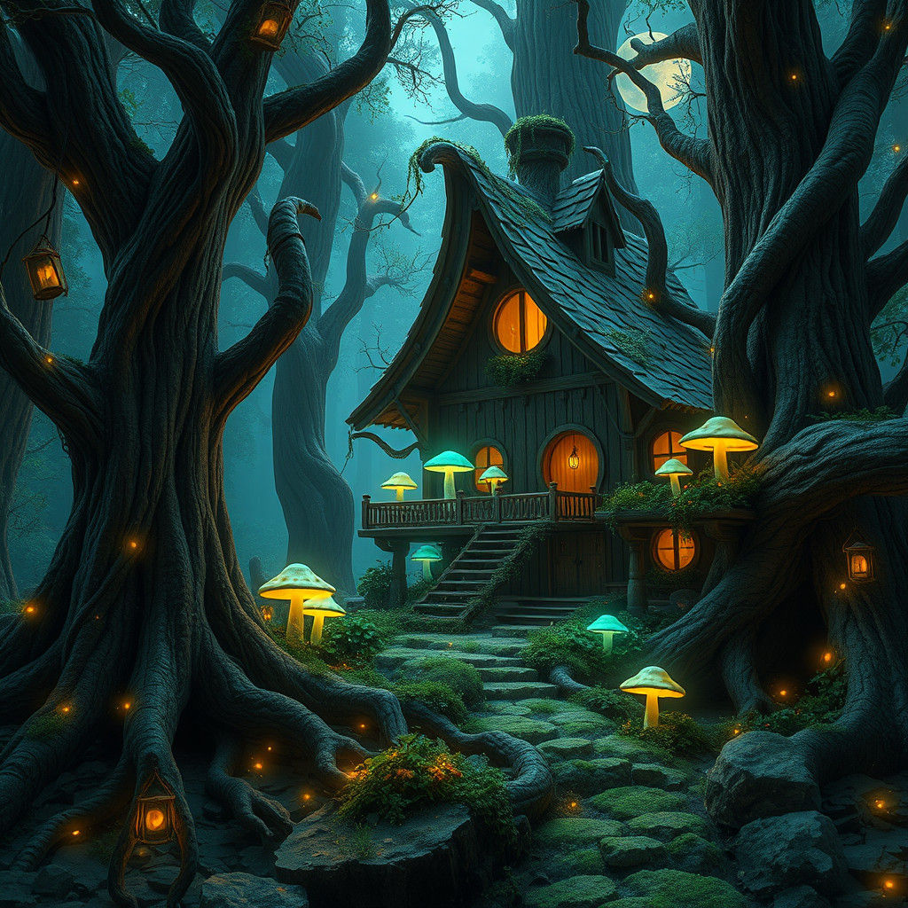 Enchanted Forest House with Luminous Mushrooms