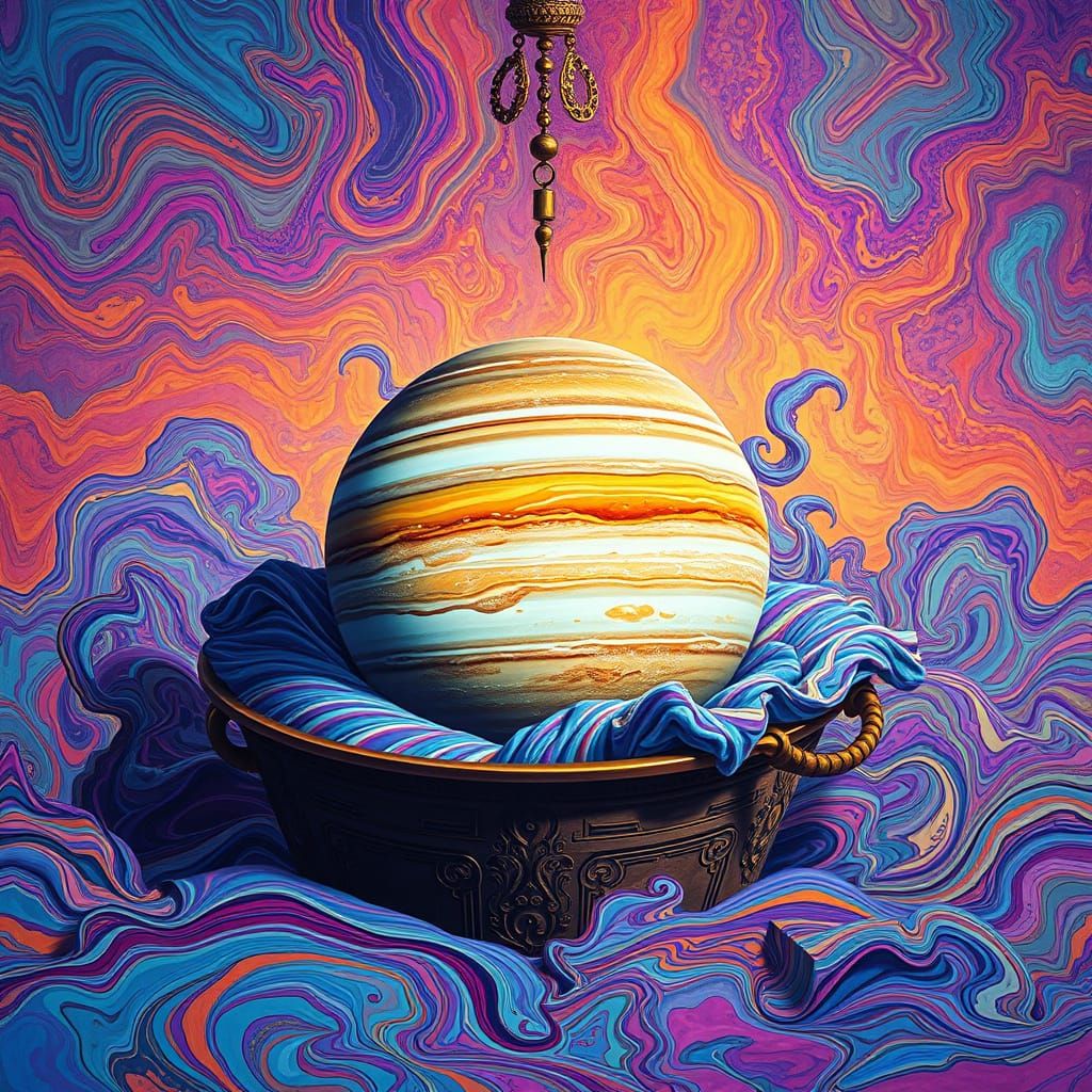Jupiter Submerged in Vibrant Paint, Futuristic Surrealism