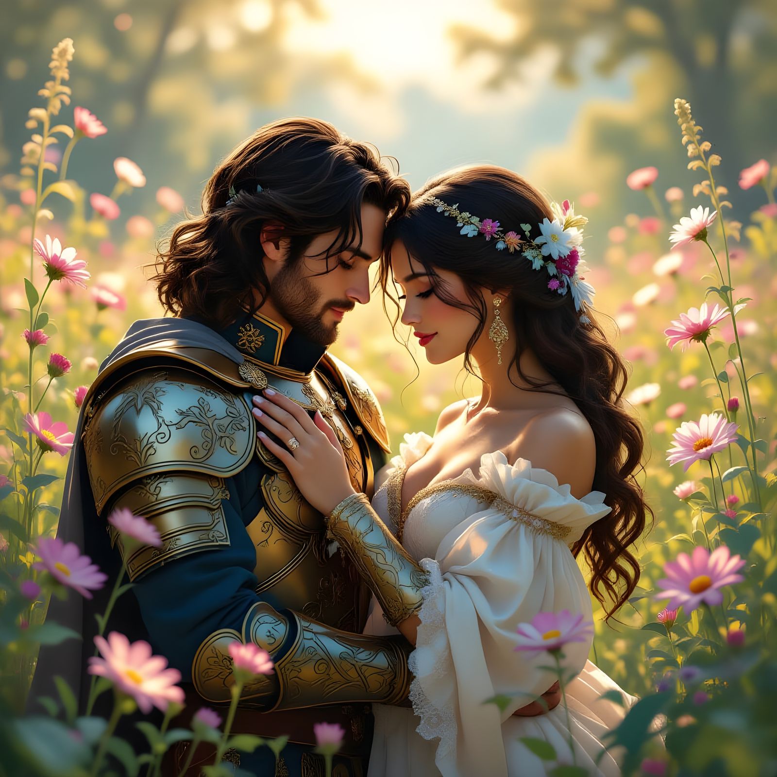 Soulmates Embrace in Glowing Flora, Renaissance Style