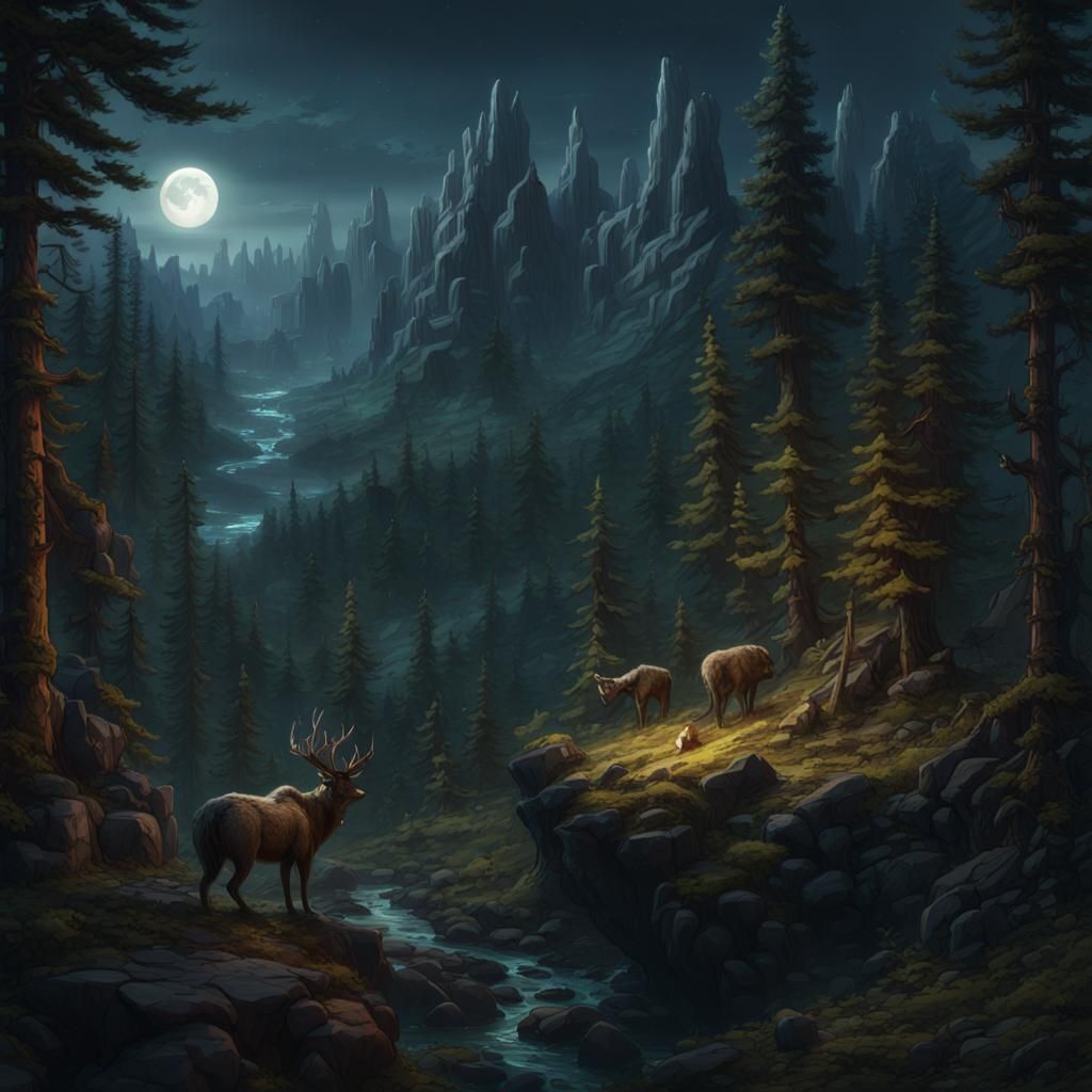 Boreal Forest at Night, Dark Fantasy Concept Art