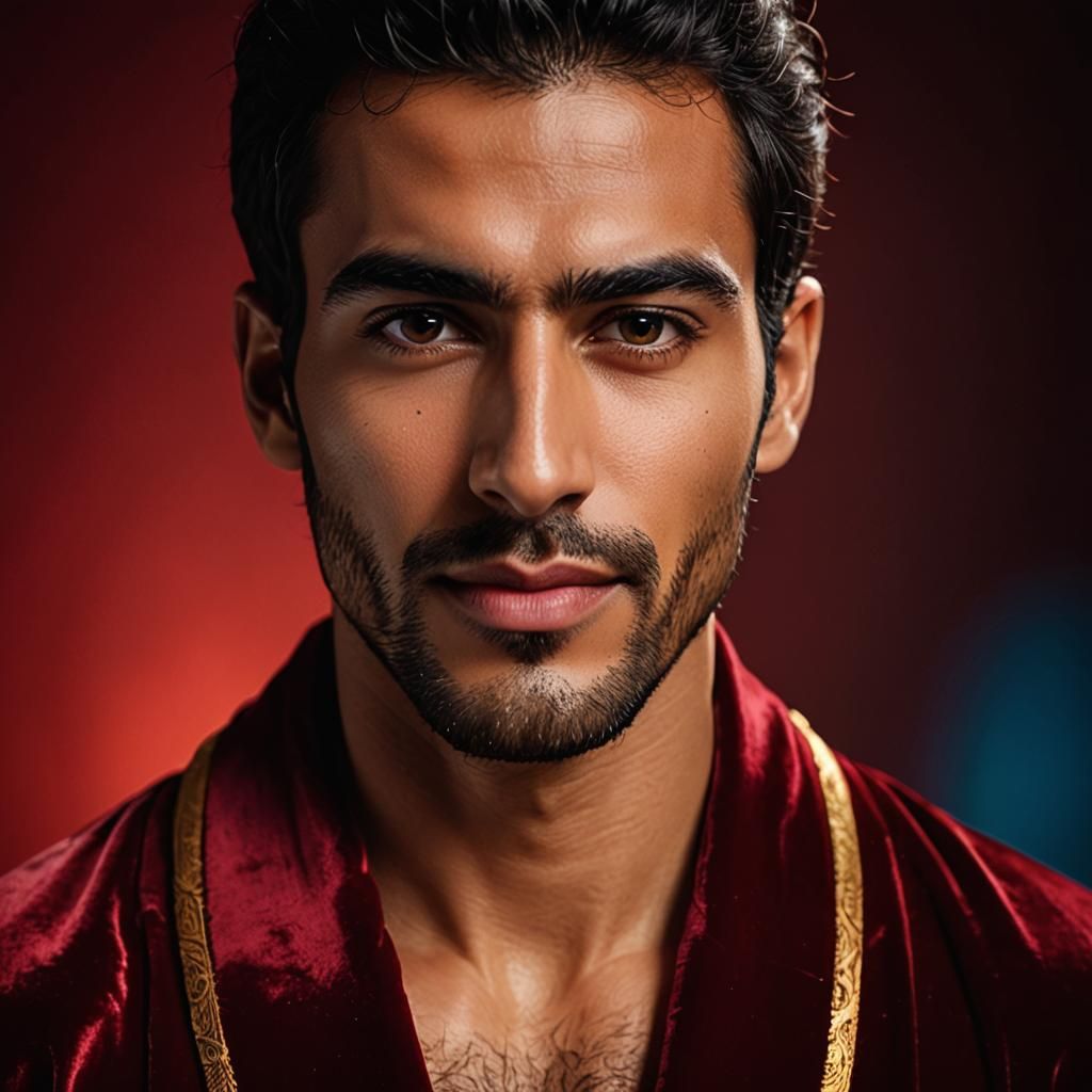 Youthful Man in Red Velvet Robe: Softbox Photography