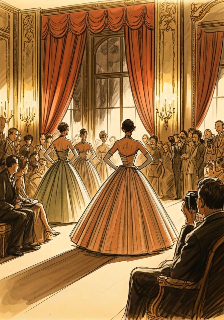 Pencil sketch and wash, loose, a 1950s Paris fashion show catwalk