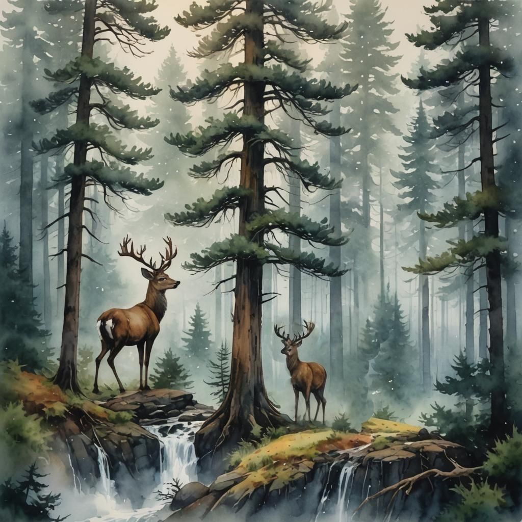 Watercolor Landscape of a Rainy Forest with Deer