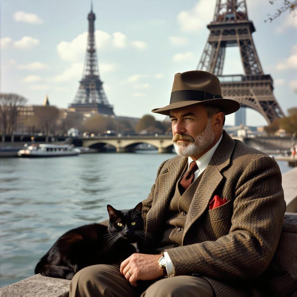 Hemingway with Cat by the River Seine
