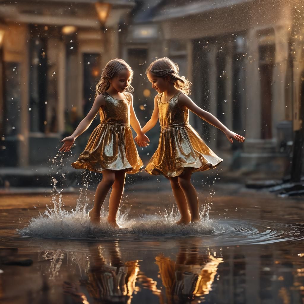 Twins Playing in Puddle: Hyperrealistic Splash Art