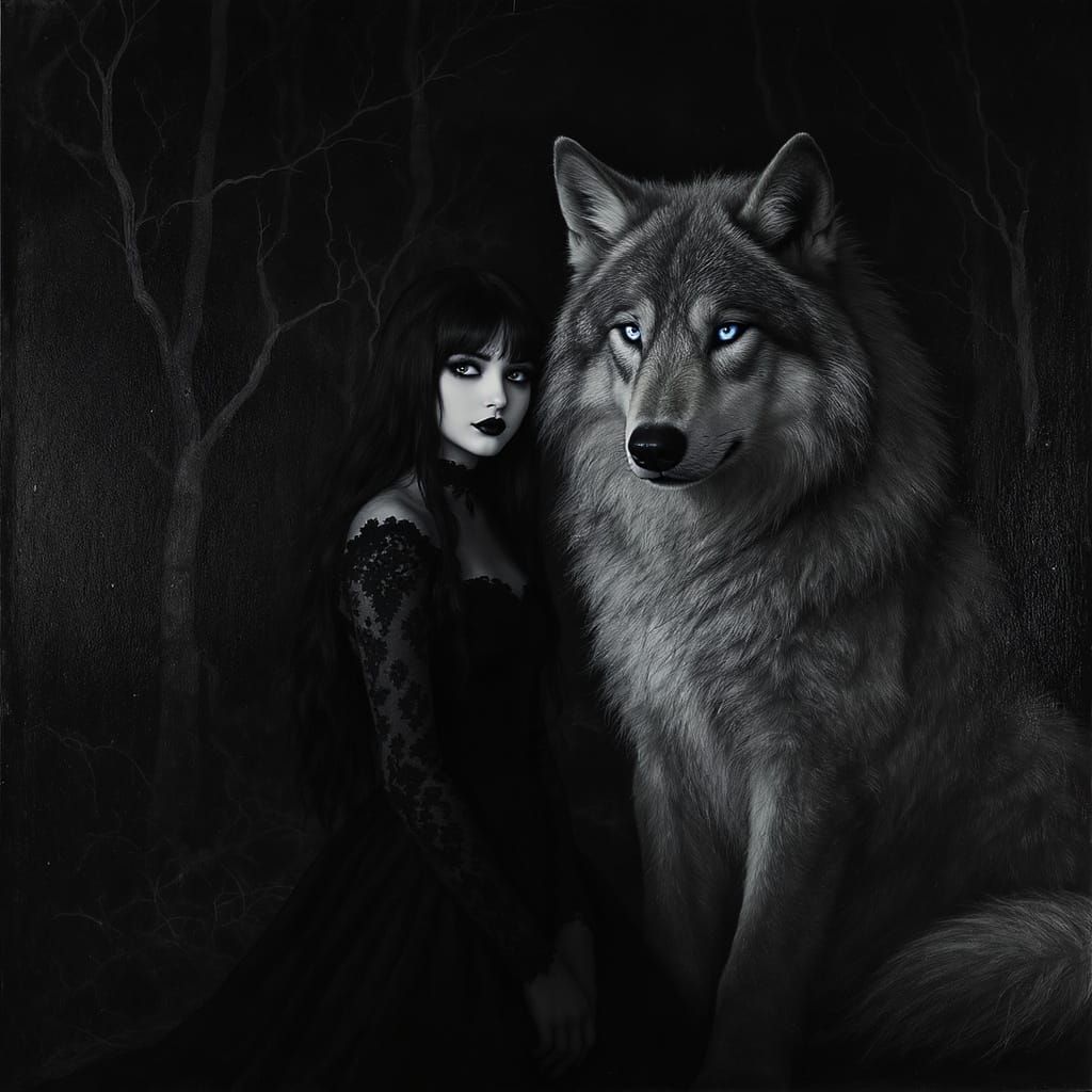 Gothic Girl and Silver Wolf in Forest Charcoal Sketch