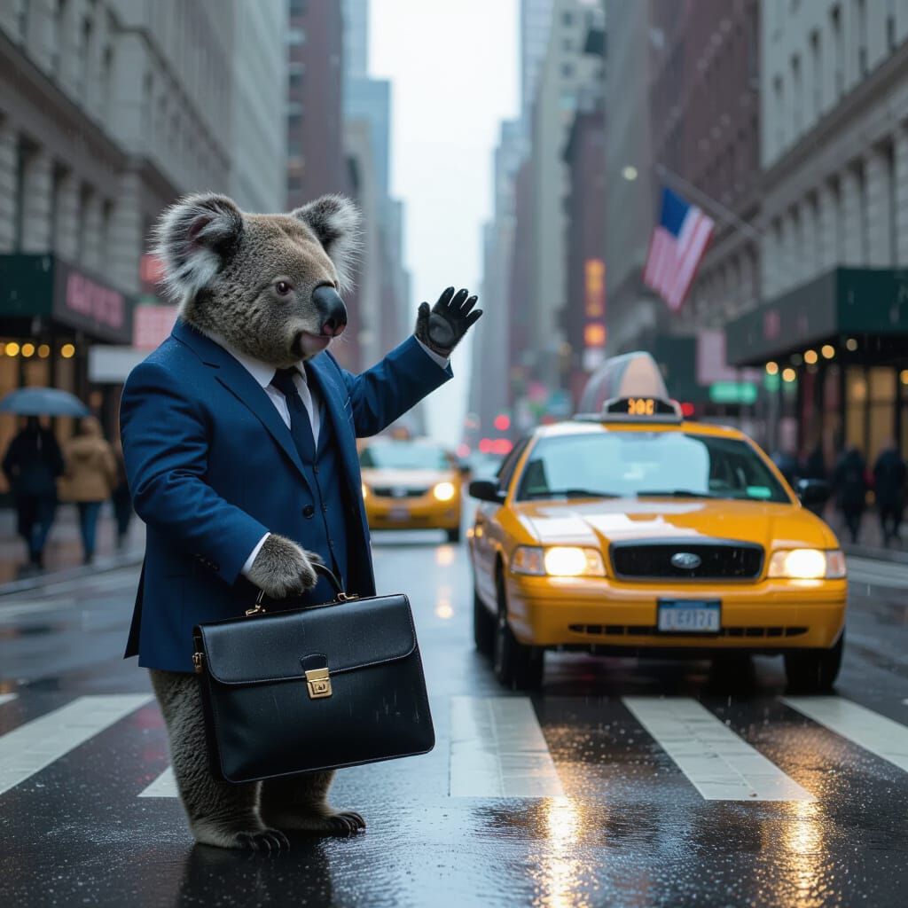 Koala Bear in Business Suit Hailing Taxi