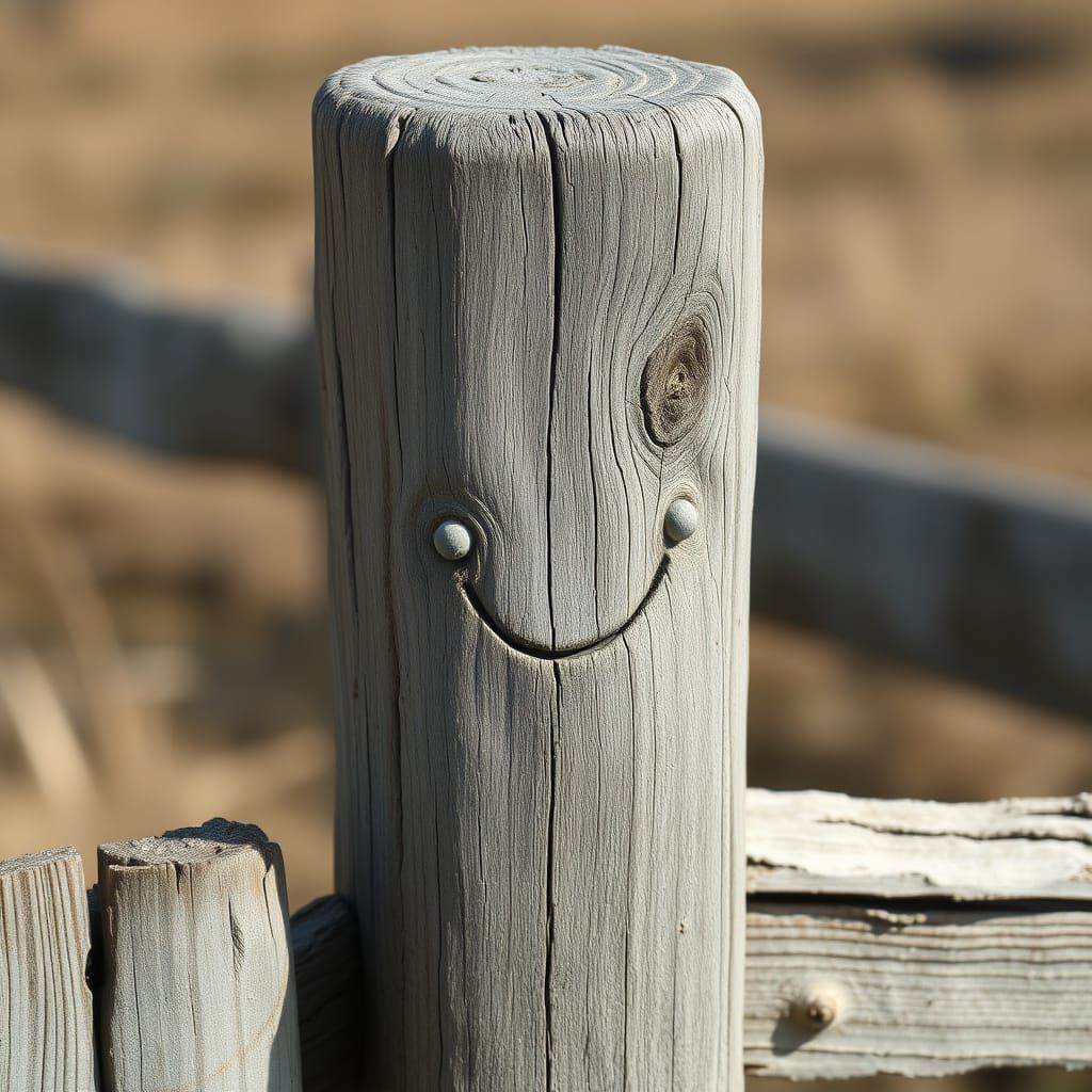 Weathered Wooden Post with Whimsical Character
