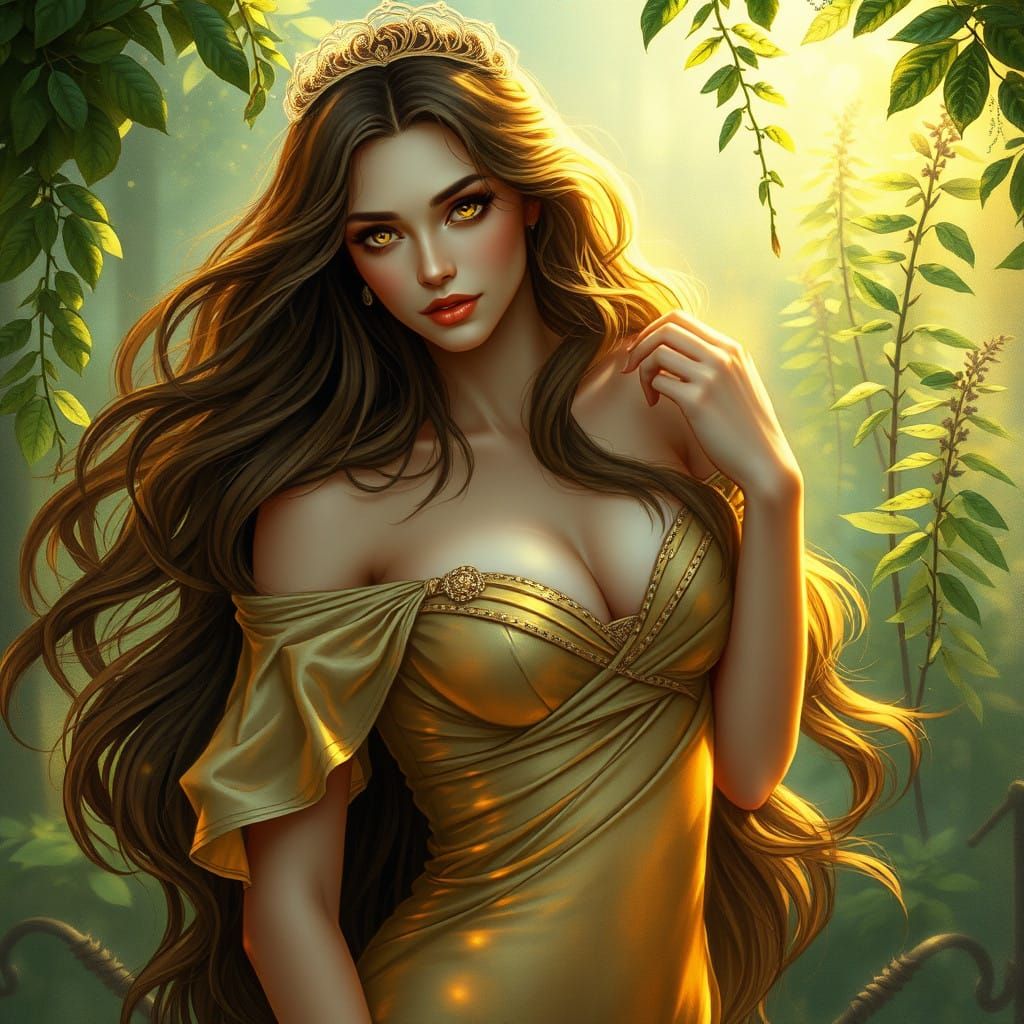 Ethereal Goddess in Iridescent Gown with Golden Light