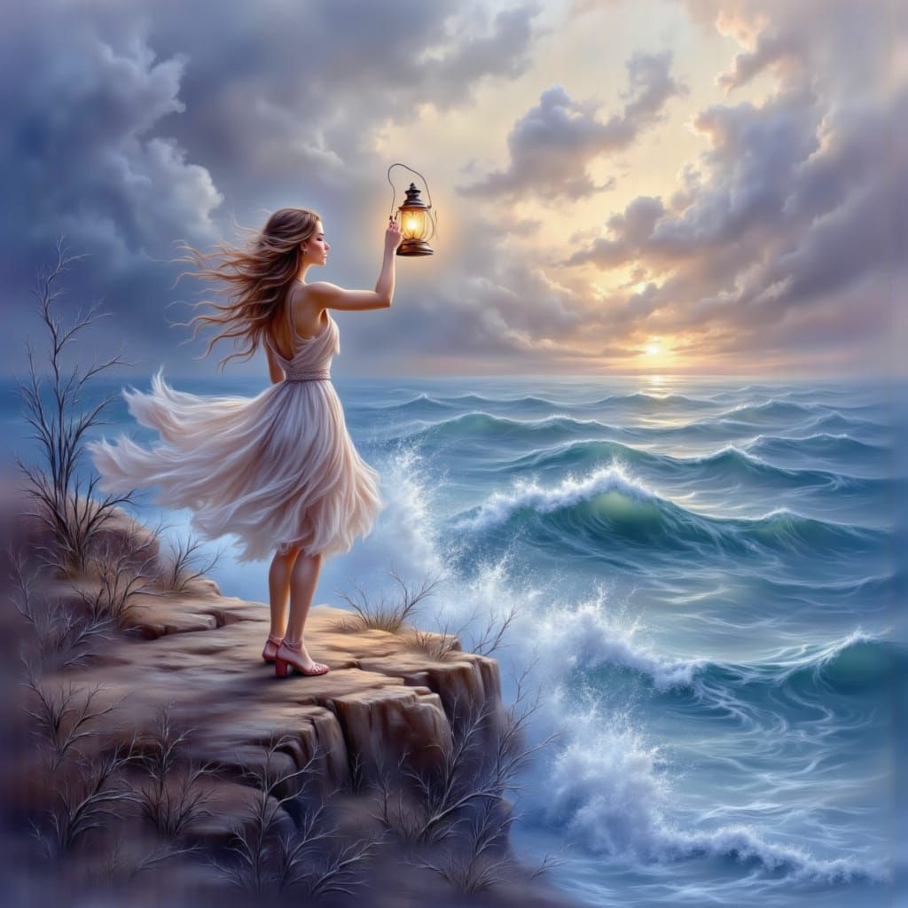 Woman with Lantern on Cliff in Stormy Seas