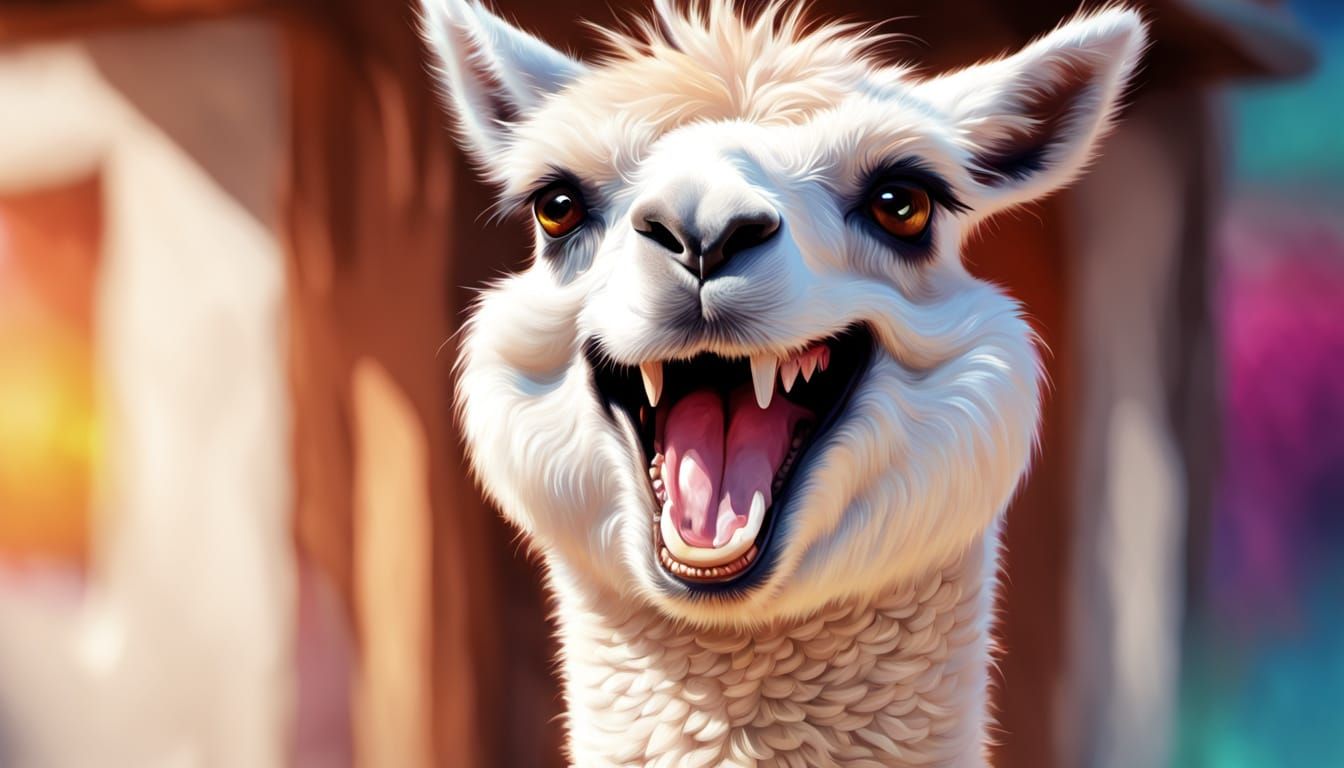 Smiling Llama Portrait in Vibrant Digital Art