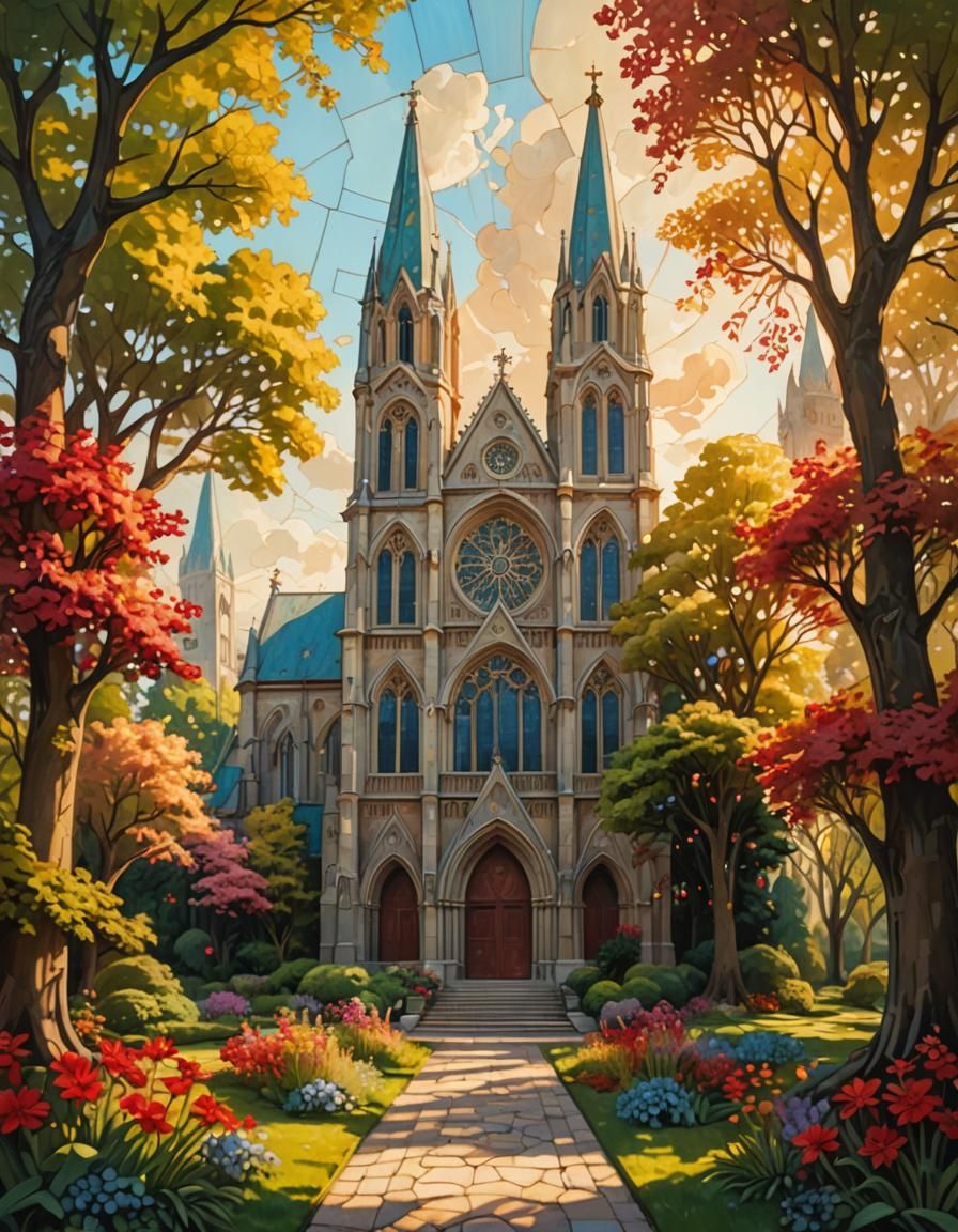 Cathedral with Camellia Flower in Storybook Style