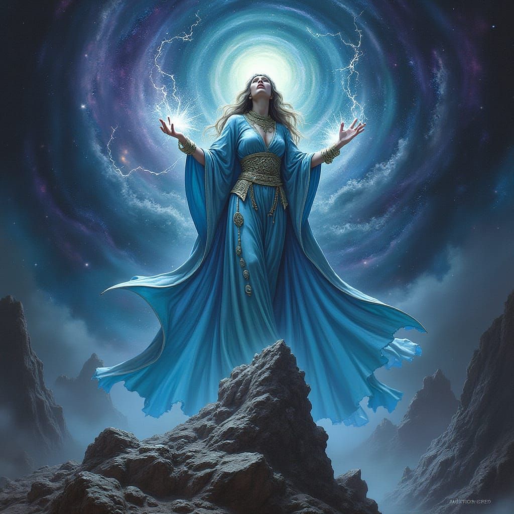 Sorceress Channels Cosmic Energy atop Crystal Spire