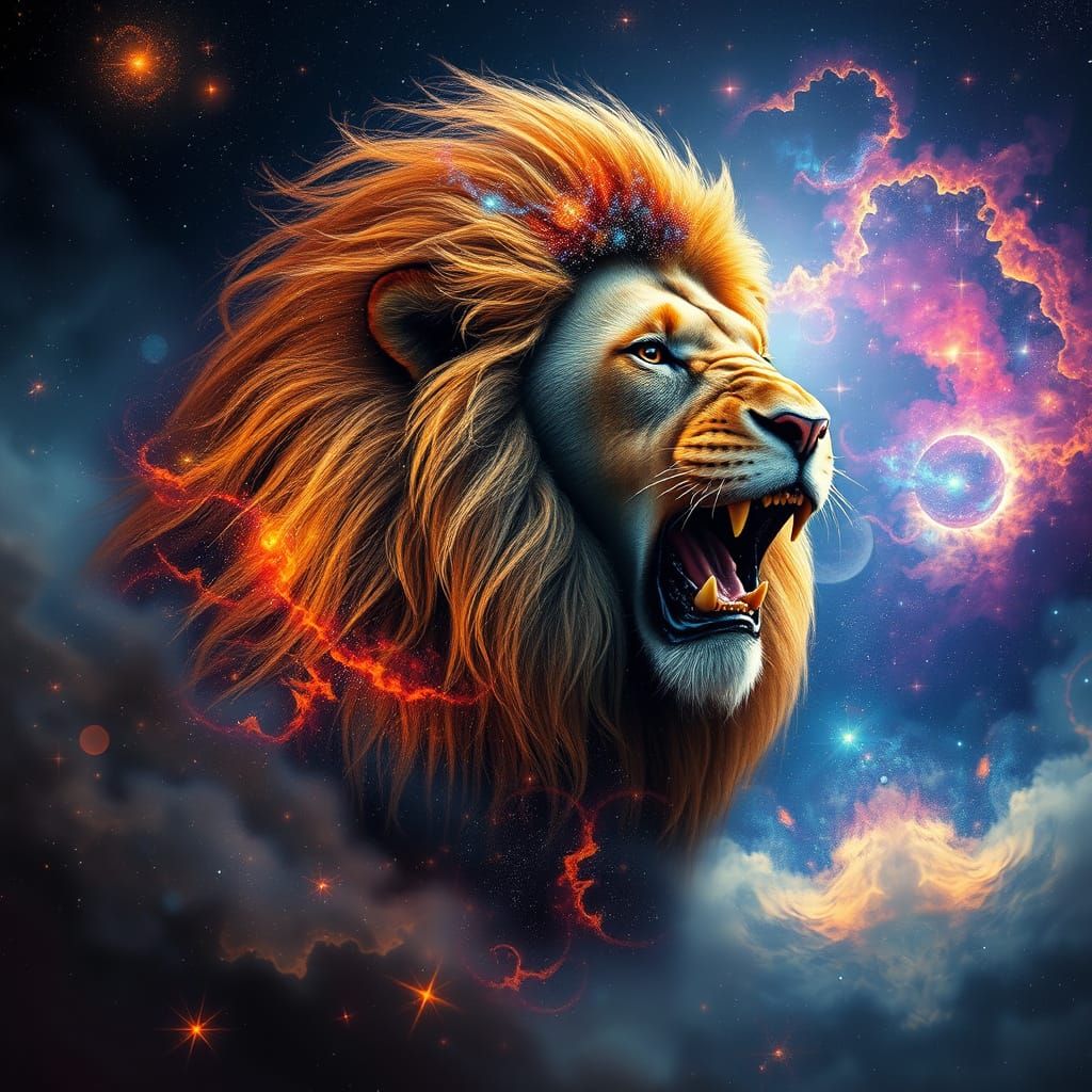 A majestic lion with a mane made of galaxies, roaring in the...
