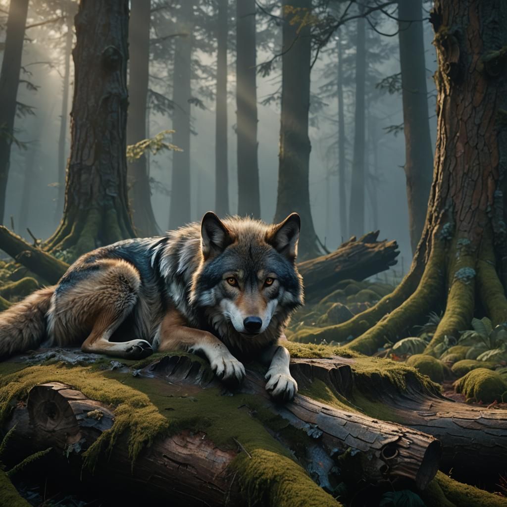 Wolf Pelt on Stump in Misty Forest Glade