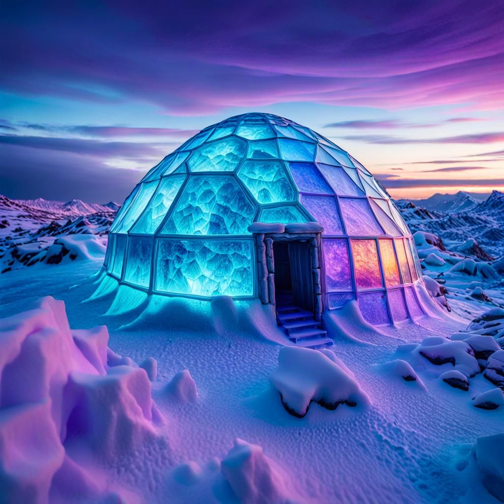 Eerie Iridescent Ice Igloo in Hokusai Style