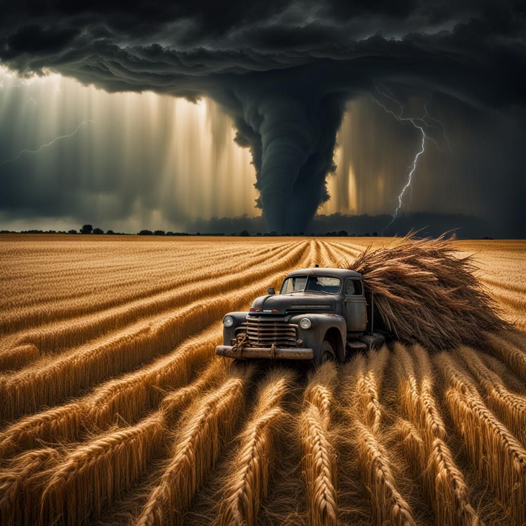 Dramatic Tornado Over Wheat Field in Hyperrealism