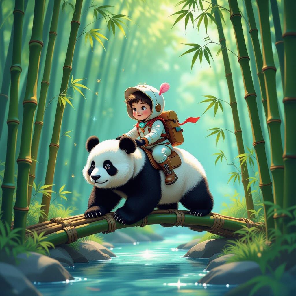 Child Explorer Rides Iridescent Panda Across Bamboo Bridge