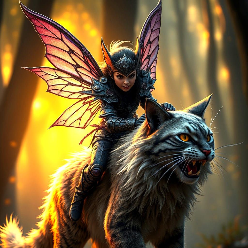 Pixie Rides Cat into Battle: Dark Fantasy Art