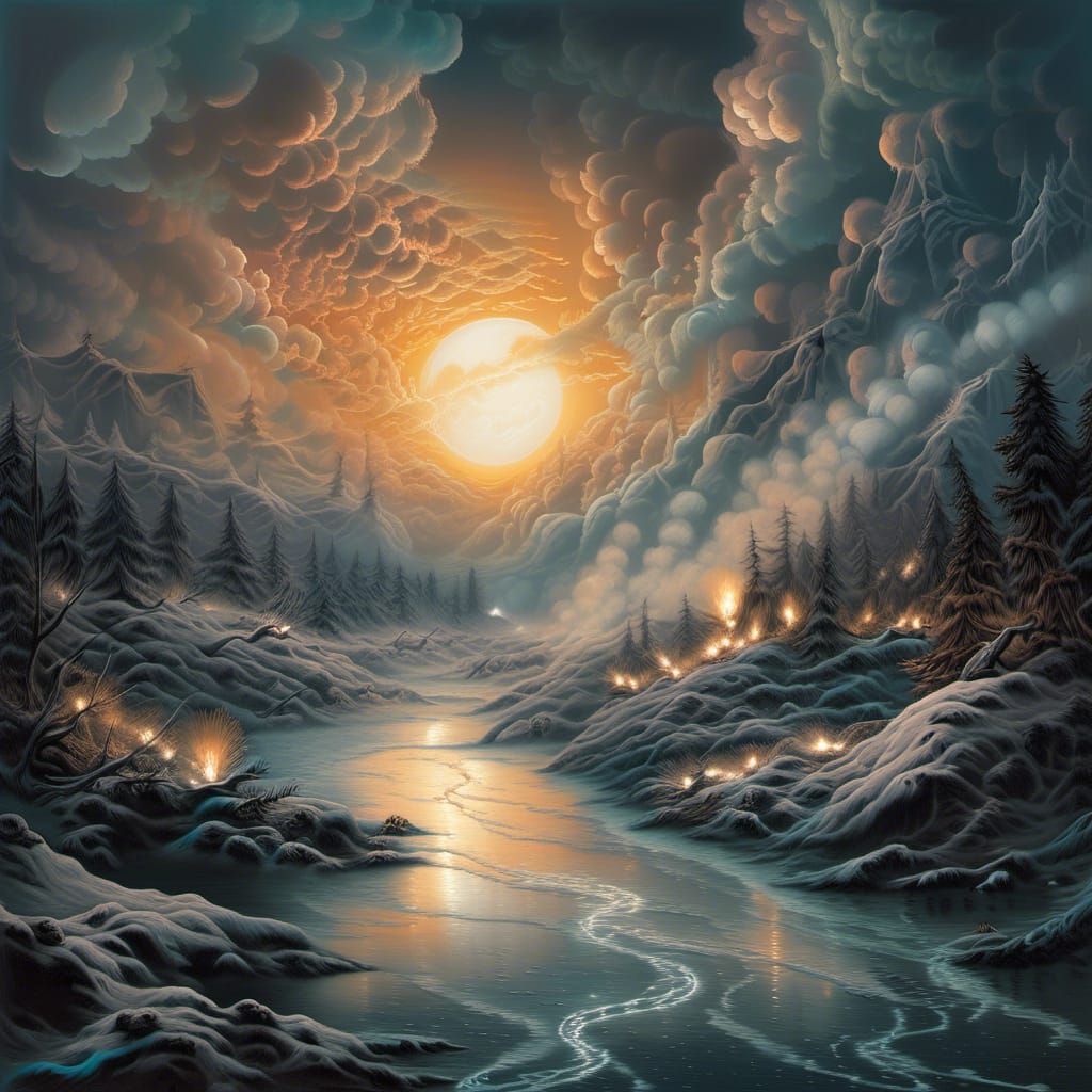 Glowing River Scene with Black Unicorns