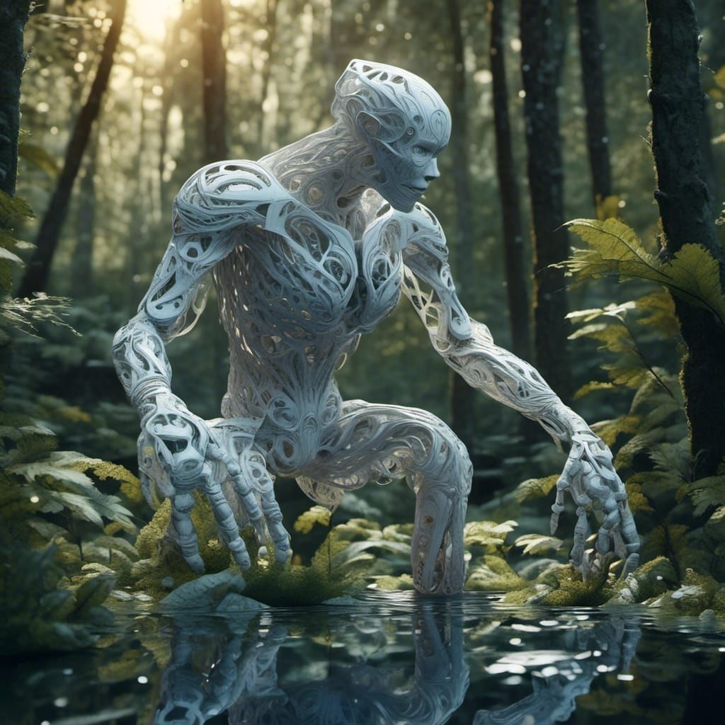 Rice Paper Humanoid Working on AI in Forest