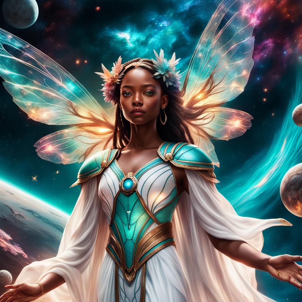 Caribbean Fairy Flies Spaceship in Starry Galaxy