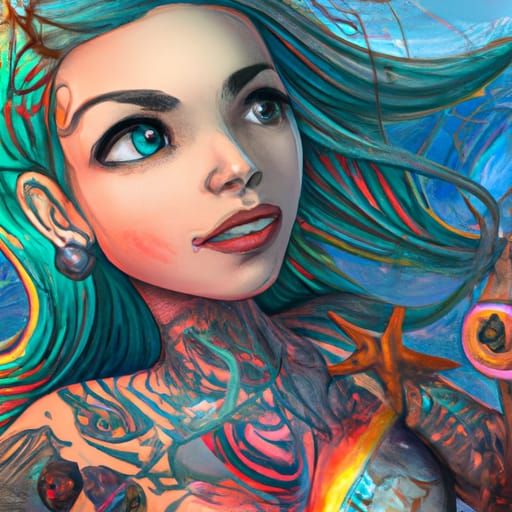 Beautiful Punk little mermaid 
Coloured tattoos 
Punk backgr...