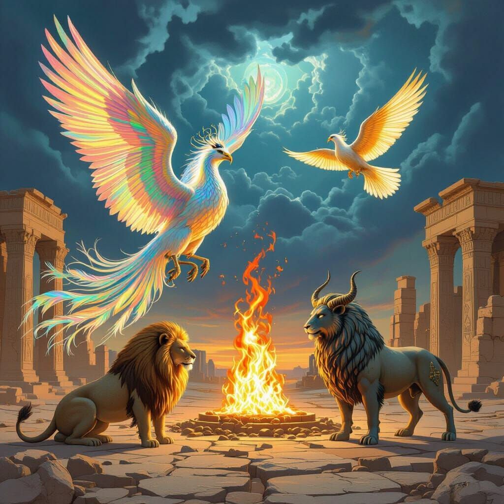 Mythical Persian Beasts Gather Around Divine Flame