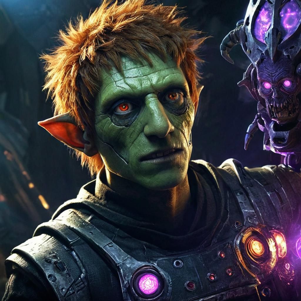 Cyborg Goblin Inventor in Dark Fantasy Art Nouveau Style