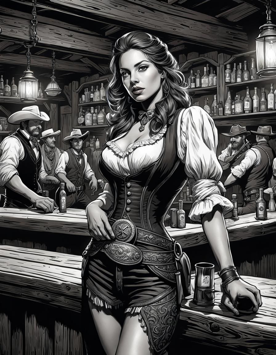 Barmaid in Old West Tavern: Ink Drawing