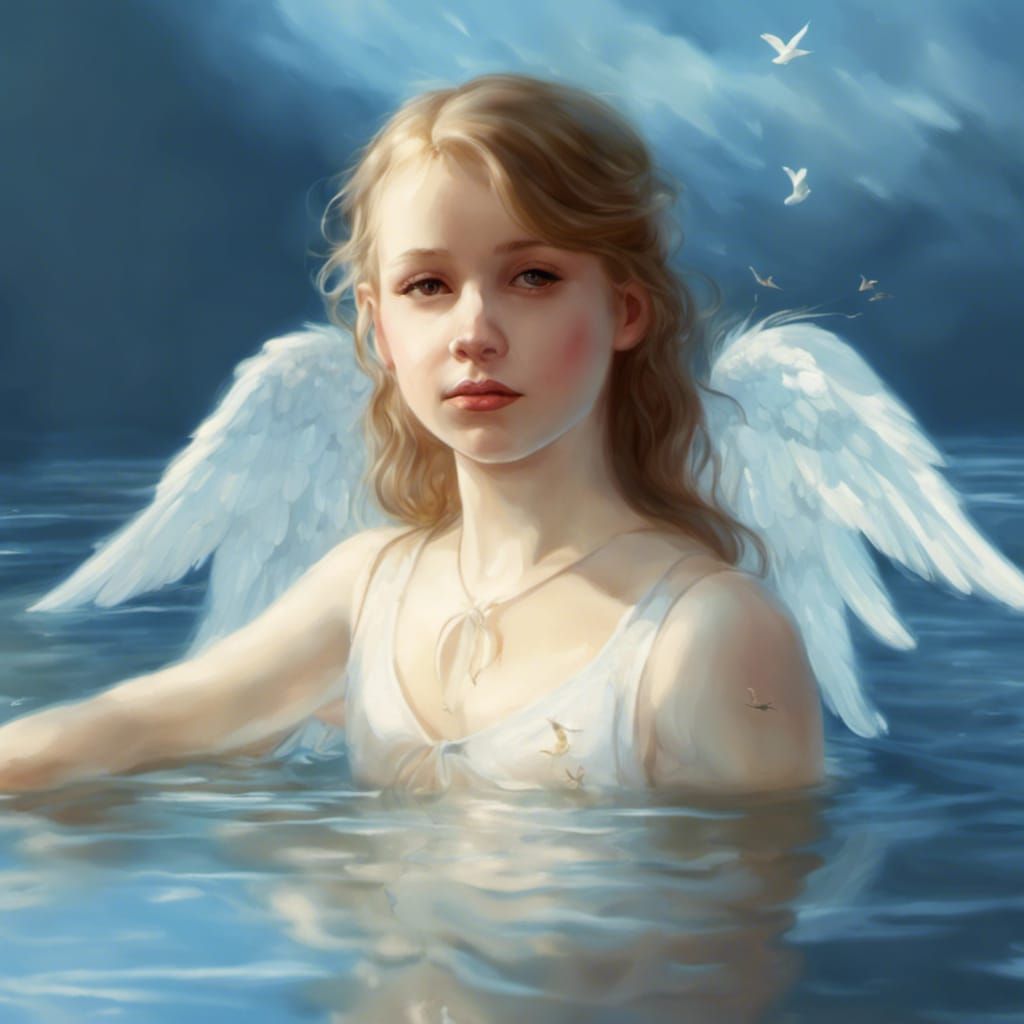 An angel swimming a lake.