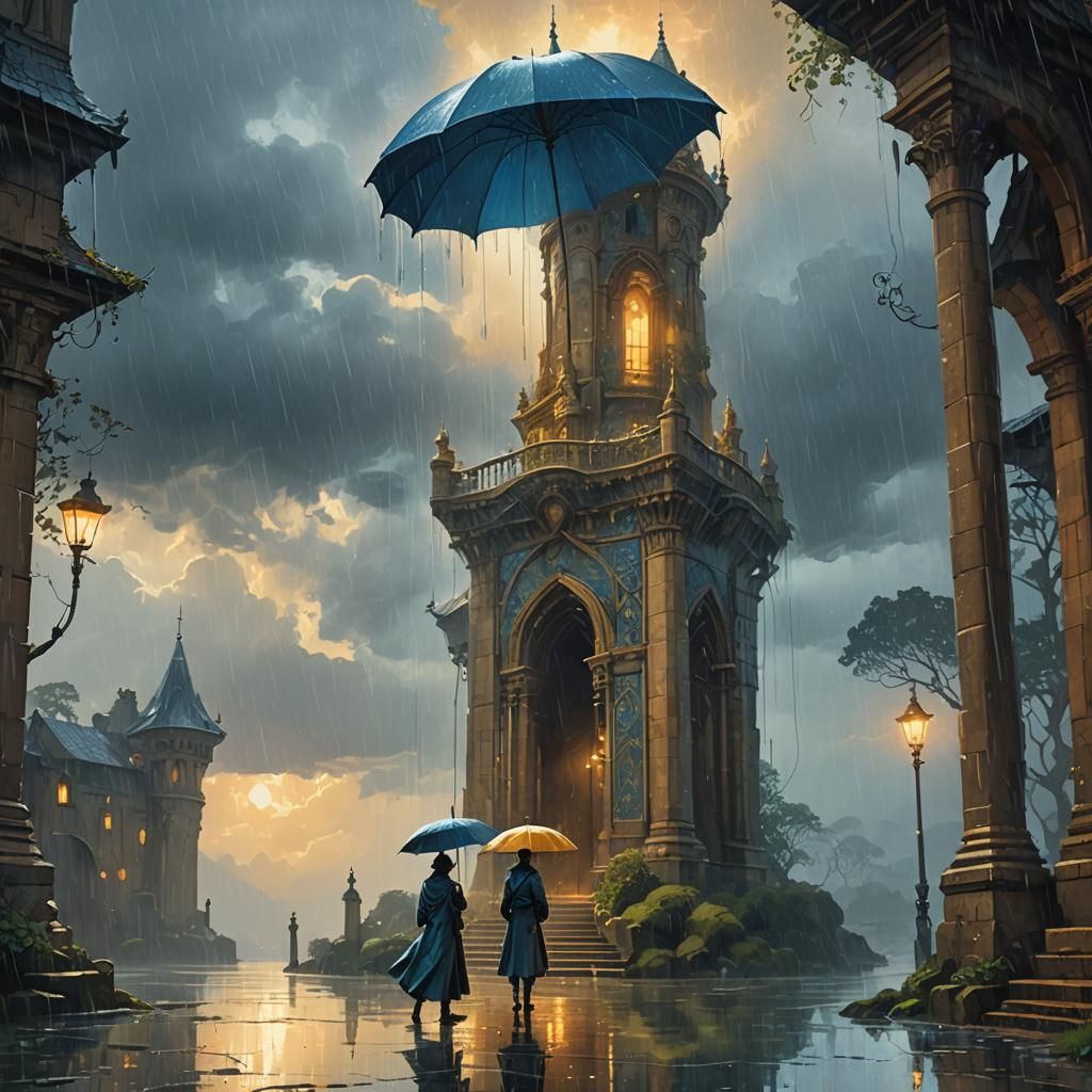 Fantasy Tower with Umbrella Roof in Pre-Raphaelite Style